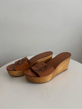 Tory Burch Tan Leather Platform Wedge Slides